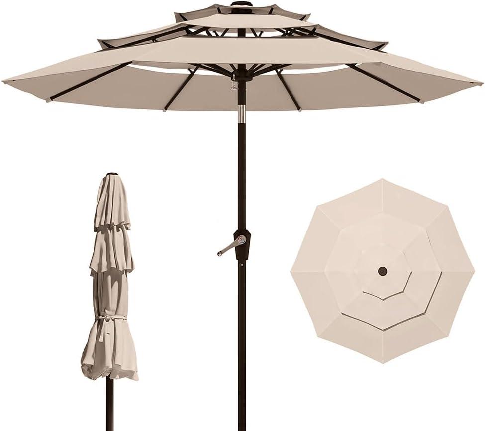10FT Patio Umbrella 3 Tiers Outdoor Market Umbrella w/Push Button Tilt, Crank, UV and Waterproof Table Umbrella for Garden, Pool, Backyard, Deck, Lawn, Beige
