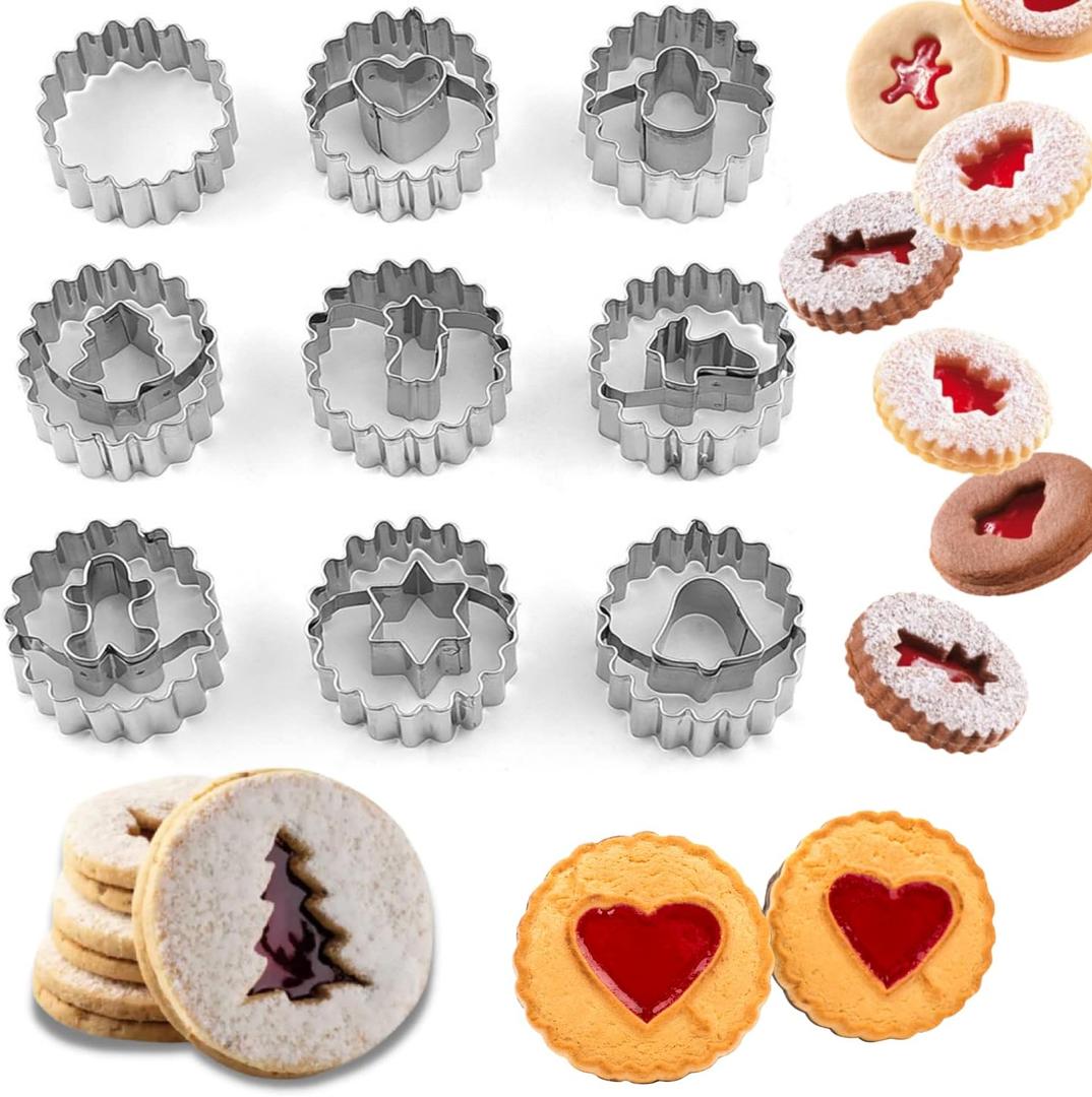 Crethinkaty 9 Pcs Mini Linzer Cookie Cutters Set, Stainless Steel - Christmas Tree, Gingerbread Man, Snowman, Elk for Winter Holiday Baking