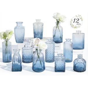 RUCKAE 12 Pack Glass Bud Vases Mini Flower Vase Small Vintage Vases for Centerpiece Table Wedding Decorations Home Decor Party (Gradient Blue)