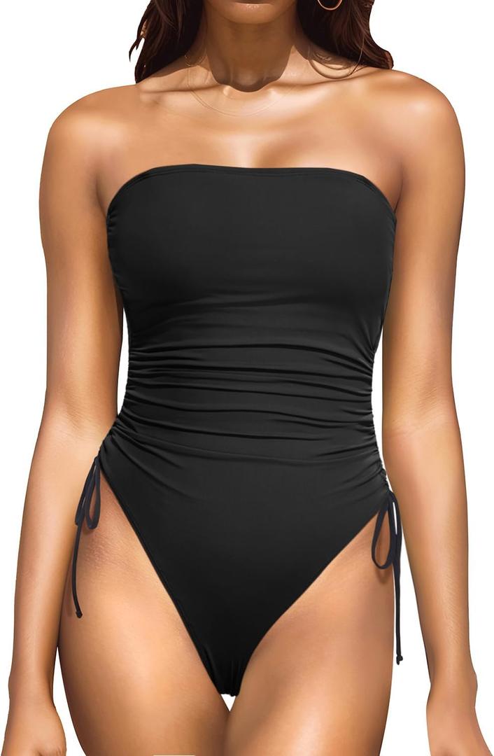 Yonique Women Strapless One Piece Swimsuit Tummy Control Bandeau Bathing Suit Cheeky Swimwear Large