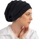 Cotton Sleep Cap Women Beanie Chemo Hat Elastic Turban Head Wrap Cap Bonnet Cap Muslim Headscarf Nightcap for Hair Head Cap (Medium-Large, Black)