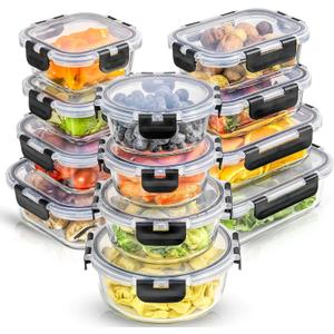 JoyJolt JoyFul 24pc(12 Airtight, Freezer Safe Food Storage Containers and 12 Lids), Pantry Kitchen Storage Containers, Glass Meal Prep Container for Lunch, Glass Storage Containers with Lids