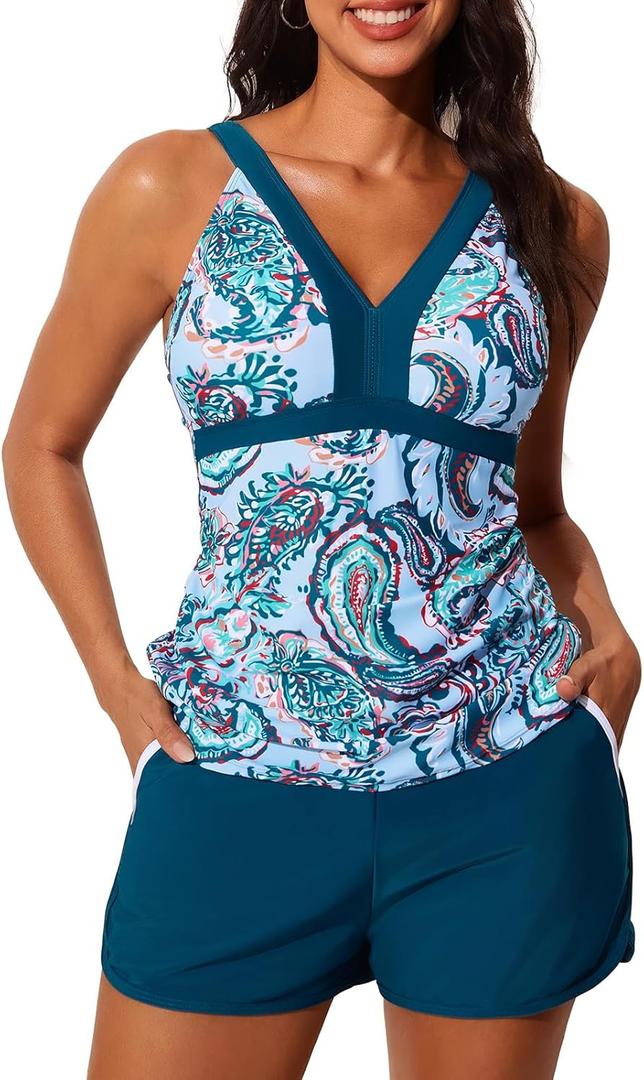 Summer Mae Color Block Tankini Swimsuits for Women 2025 with Side Pockets Sporty Swim Shorts Two Piece Bathing Suits Teal Size 12