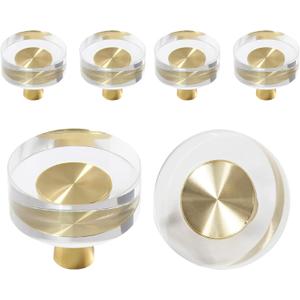 Uenhoy 6 Pack Glass Crystal Cabinet Knobs Round Drawer Knob Pulls Gold Crystal Knobs for Cabinets and Drawers - 1-1/4 Inch