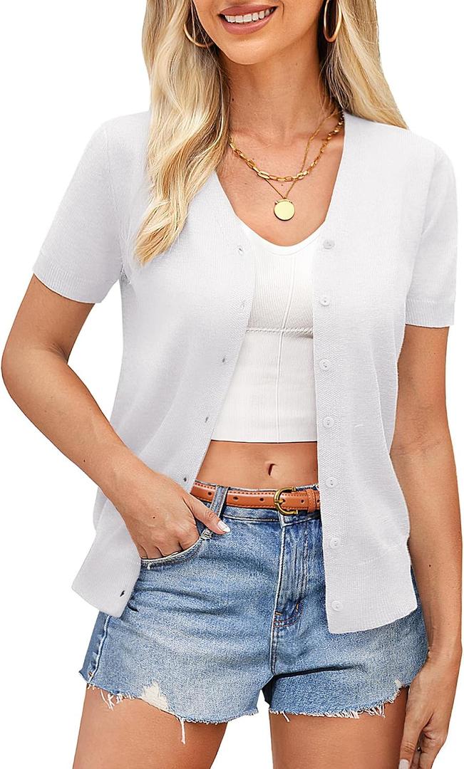 GRACE KARIN Womens Short Sleeve Cardigan Sweaters 2026 Summer Lightweight Cropped Cardigan V Neck Casual Clothing Tops (White, M)