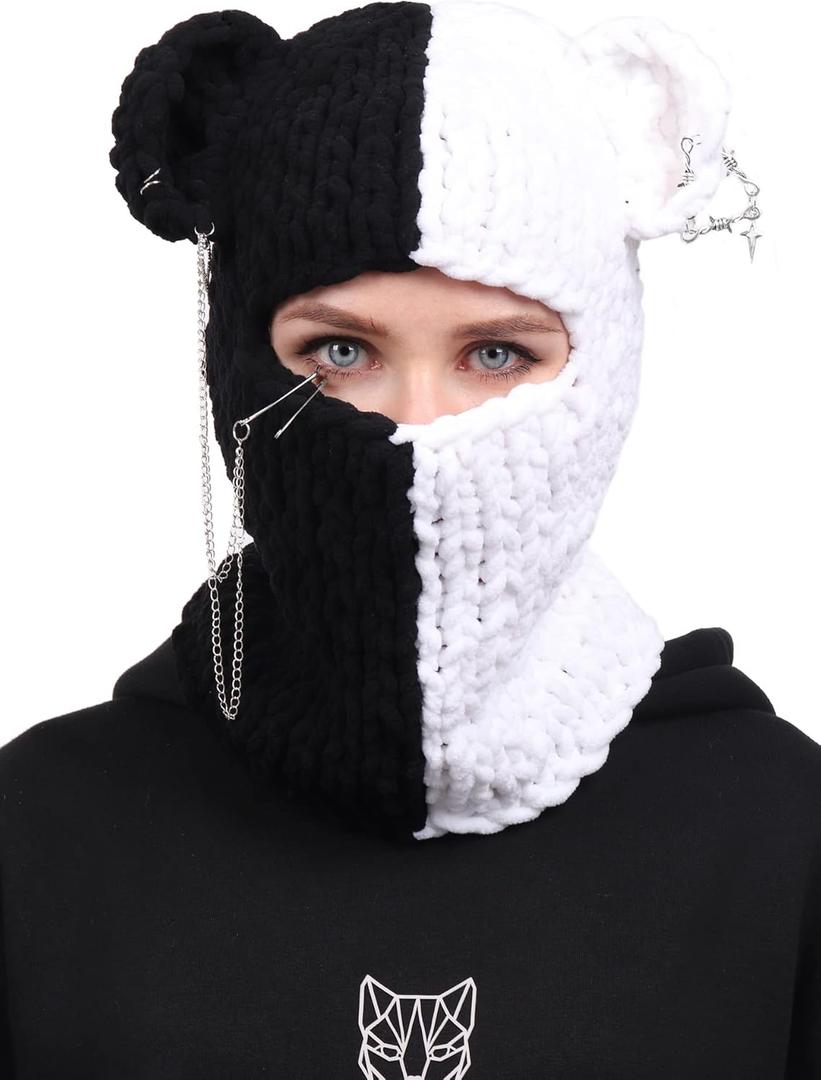 DAZCOS Knitted Balaclava Hat Beanies Devil Horn Head Mask Full Face Cover Ski Mask for Women and Men (One Size, White+black2)