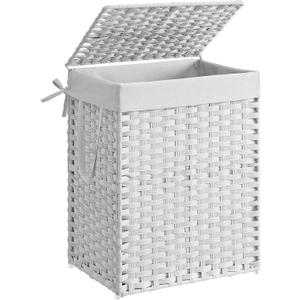 SONGMICS Laundry Hamper with Lid, 23.8 Gallon (90 L) Synthetic Rattan Clothes Laundry Basket with Lid and Handles, Foldable, Removable Liner, Cloud White ULCB51WT