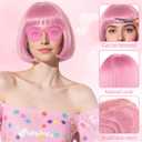 PLULON Pink Bob Wig with Heart Sunglasses and Hair Cap, Colorful Short Bob Wigs Synthetic Party Wigs Funny Cosplay Hairpieces for Women Men Neon Bachelorette Halloween Costume Party Decorations
