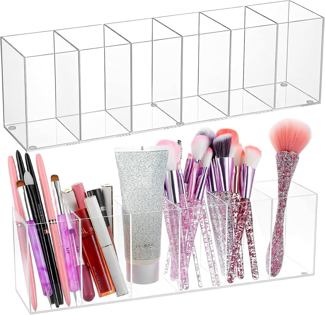2 Pcs Acrylic Pen Holder 6 Compartments Makeup Brush Stationery Organizer Pencil Holder for Accessories Cosmetic Brushes Office Bathroom Kitchen Supplies,Clear