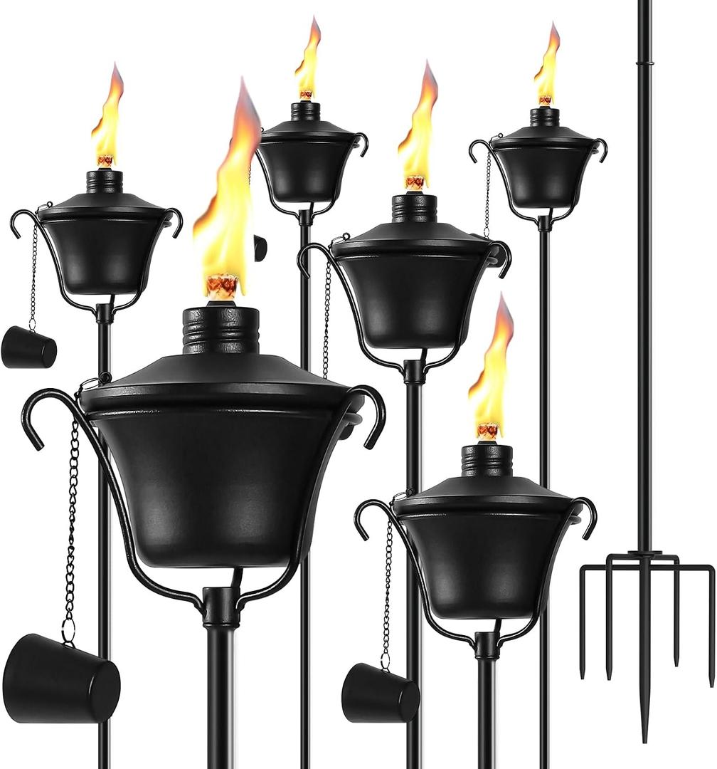6 Pack Outdoor Garden Torch, 15 oz Outdoor Citronella Torches, 58 Inch 5-Prong Grounded Stake Torches, Metal Torches with Fiberglass Wick for Yard, Patio, Deck, Garden, Party, Landscape