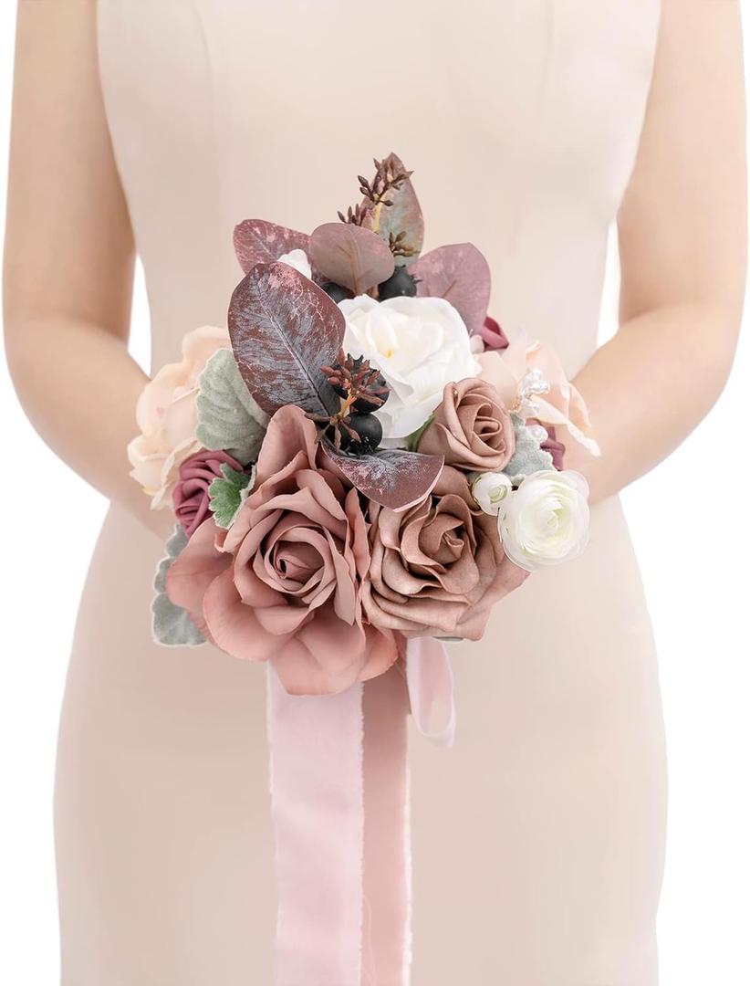 Ling's Moment Artificial Flowers Pink Bridesmaid Bouquet, Dusty Rose & Mauve Wedding Flowers Bouquets for Bridesmaids, 7 Inch Bridal Bouquets for Bridesmaids, Wedding Decor, Ceremony, etc
