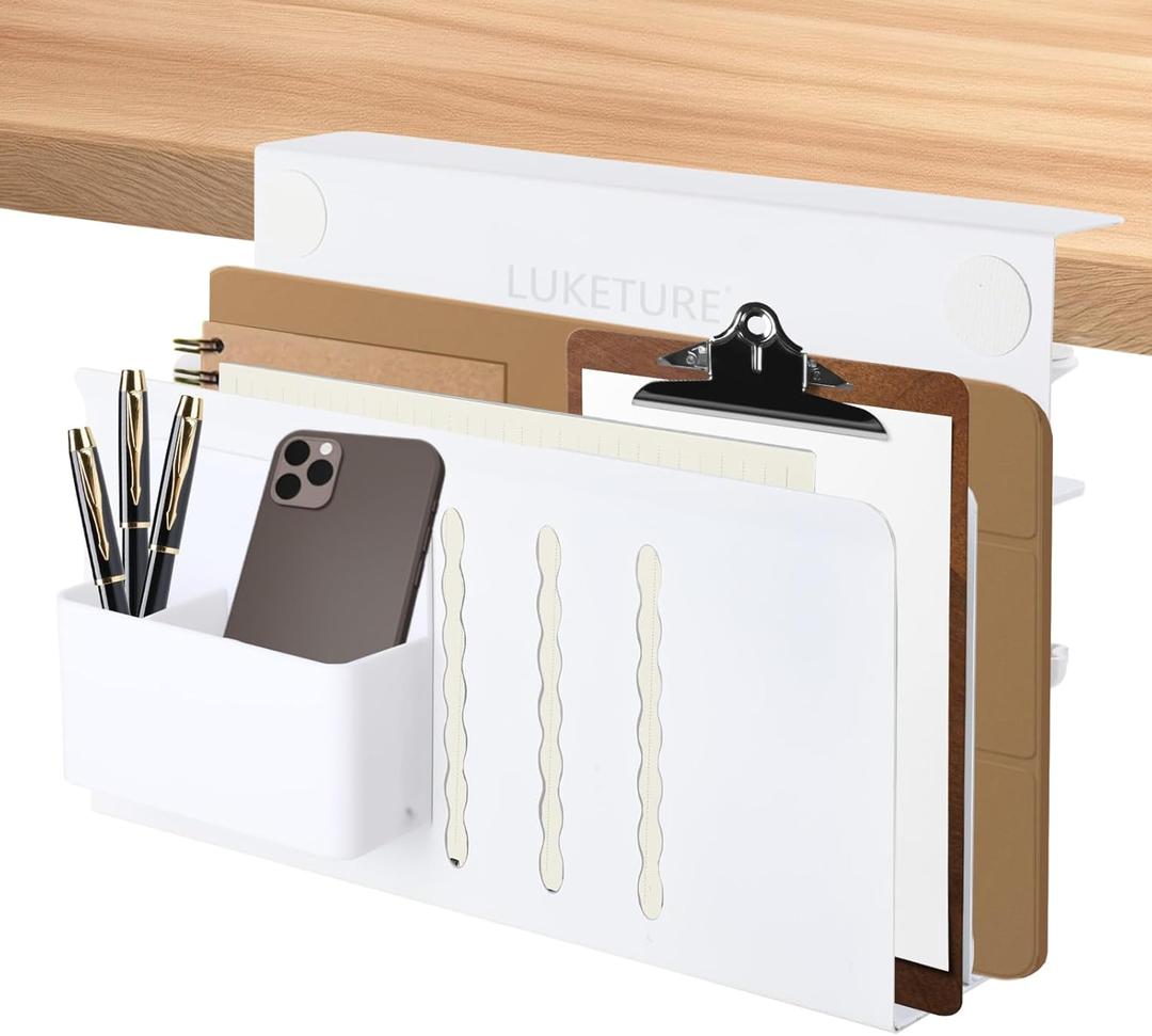 LUKETURE Laptop Holder, Steel Desk Side Storage, No Drill Standing Desk Accessories, Laptop Mount with Pen Holder, Back to School Supplies, Fits Flat Edge Tables 0.3" to 2.8" (White, L(2 Tier))