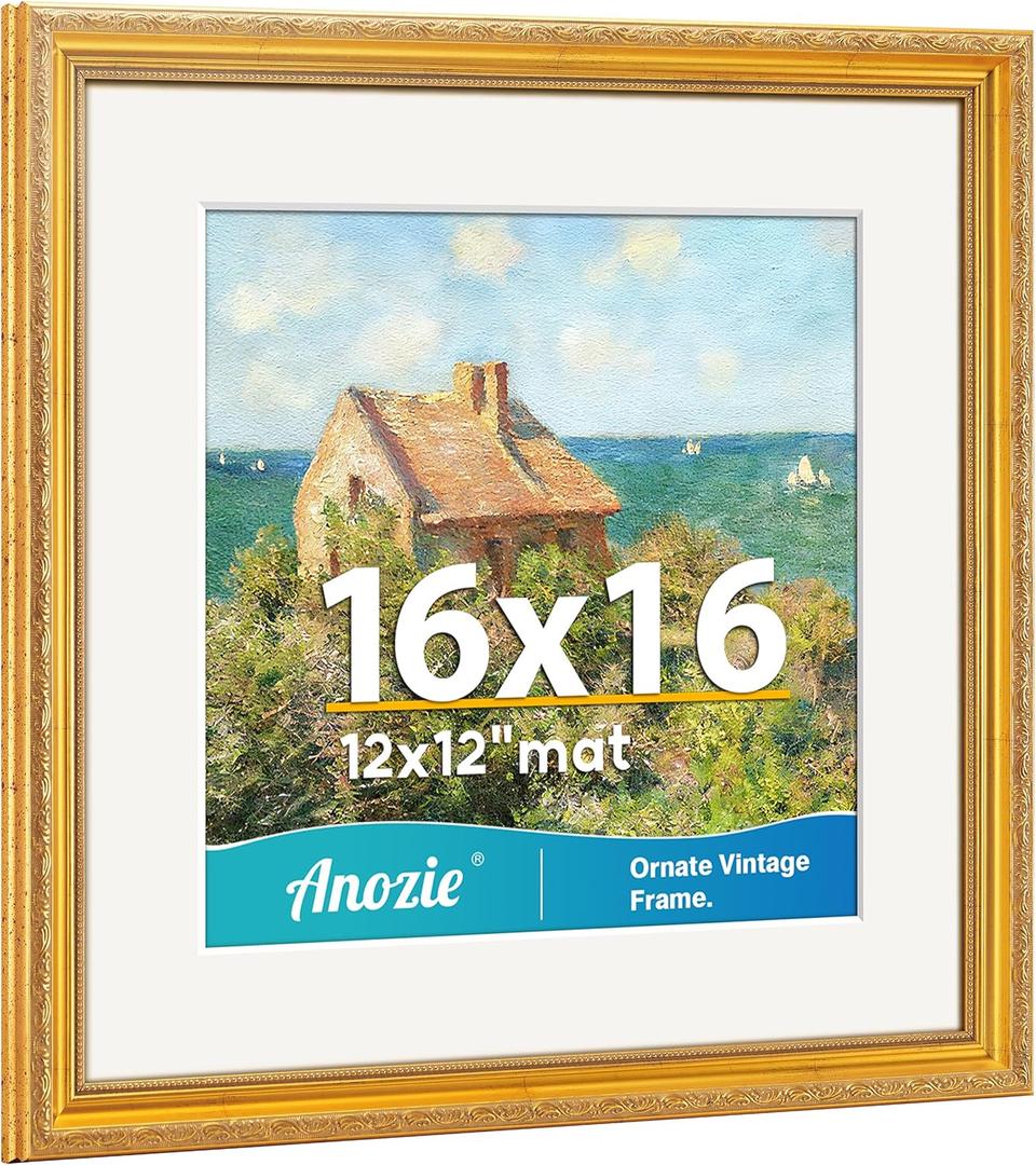 Anozie Vintage 16x16 Frame, Antique Gold Photo Frames with Plexiglass Front,Ornate Square 16x16 Picture Frame Display 12x12 with Mat or 16 x 16 Frame Without, Wall Dcor,1 Pack,Gold