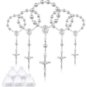 Sasylvia 60 Pcs Baptism Favors Set 30 Pcs Plated Mini Rosary Baptism Rosary Beads Catholic Finger Rosaries and 30 Pcs Organza Bags for Christening Gift First Communion Wedding Party Favor (Silver)
