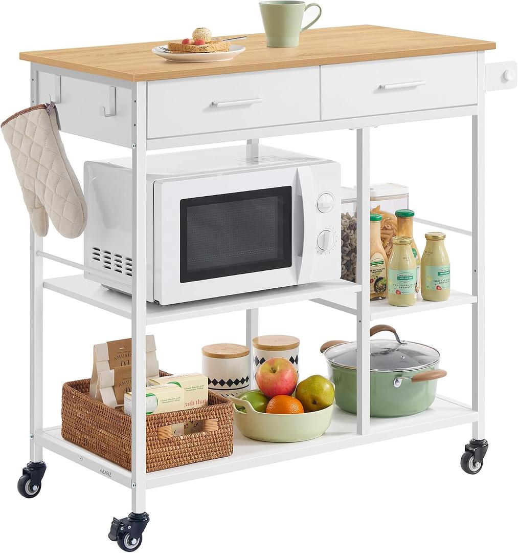 VASAGLE Kitchen Rolling Island, Mobile Kitchen Cart with Storage on Wheels, 17.7 x 38.8 x 35.4 Inches, Towel Rack, 2 Drawers, 2 Hooks, for Dining Room, Oak Beige and Matte White UKKI010Y01