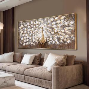White And Gold Peacock Wall Art,Large Canvas Wall Decor,Pictures Artwork Animal Posters Prints for Living Room Restroom Home Decor Framed 29"x58"