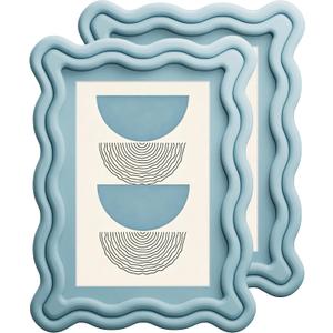 iRahmen 5x7 Wavy Picture Frame Set of 2 - Scalloped Frame Display Picture 4x6 with Mat or 5 x 7 Without Mat, Blue Photo Frame with Tempered Glass for Tabletop Display and Wall Mount