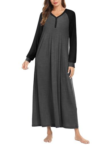 Ekouaer Sleepshirts for Women Long Sleeve Sleepwear V Neck Loungewear Button Full Length Nighty A-dark Grey, M