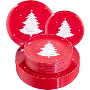 WDF 50 Pieces Plastic Christmas Plates - Red and White Plastic Plates with Christmas Tree include 25 Dinner Plates, 25 Salad Plates - Red White Party Plastic Plates for Christmas, Winter (10.25INCH+7.25INCH)