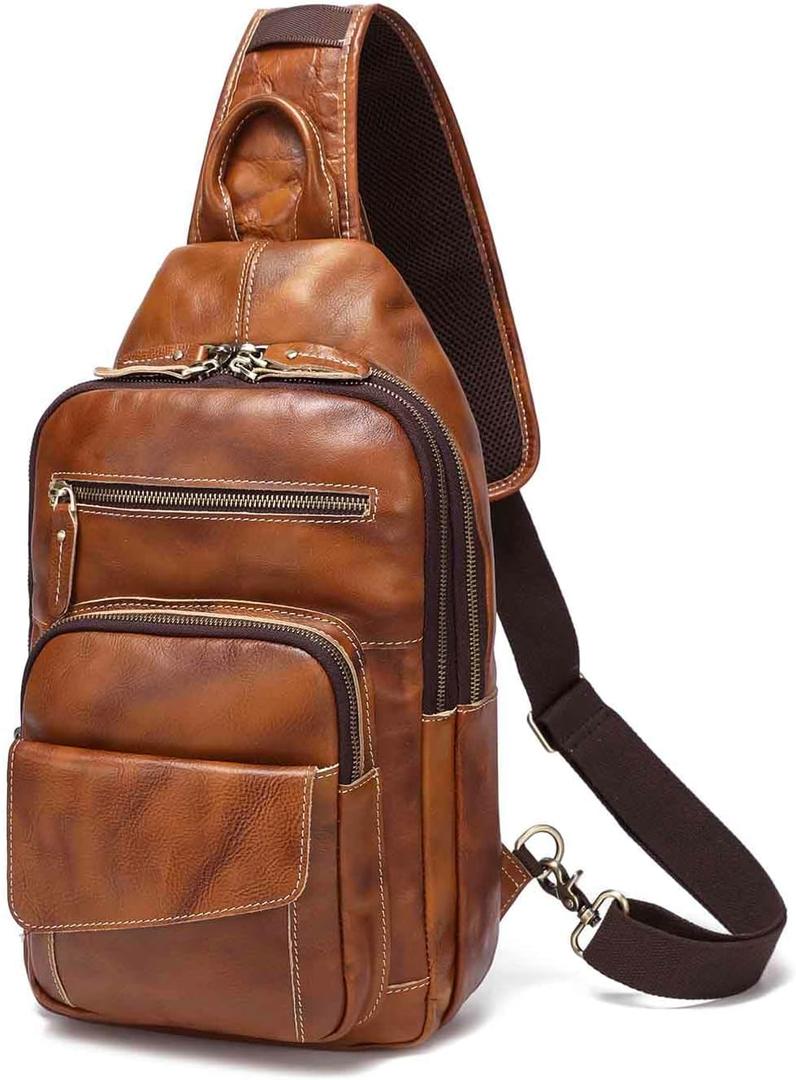 LANNSYNE Full Grain Leather Casual Sling Bag For Men Hiking/Travel/Business Crossbody Chest Bag Fits 12.9" iPad