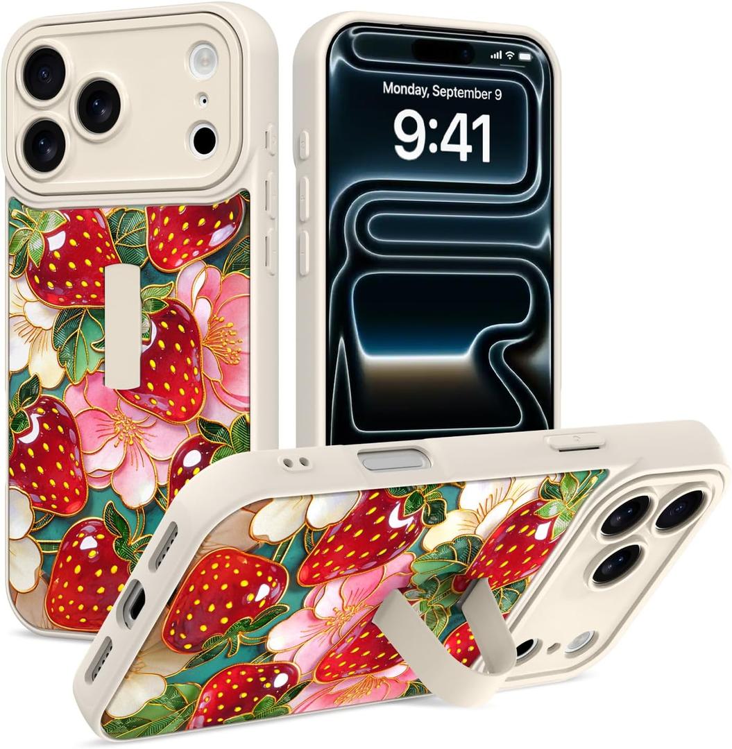 Phone Case for iPhone 17 Pro Max,White Strawberry | Finger Strap StandKickstandAnti-drop, anti-impact, 3D relief printing technology. Suitable for men women