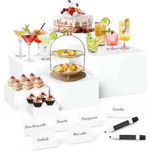 6 Pcs Buffet Risers with Mini Sign and Maker, Food Risers Display Stands for Buffet Table Party Catering Dessert Jewelry Collectibles, Nesting Cube Boxes with Hollow Bottoms (8",7",6",5",4",3") (White)