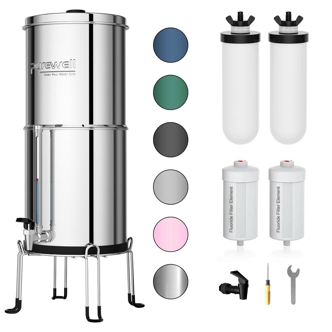 Purewell 8-Stage Gravity Fed Water Filter System, 2.25 Gallon Stainless Steel Countertop System with 4 Filters, Metal Water Level Spigot and Stand, Reduce Fluoride and Chlorine, PW-OBT-CF (Silver)