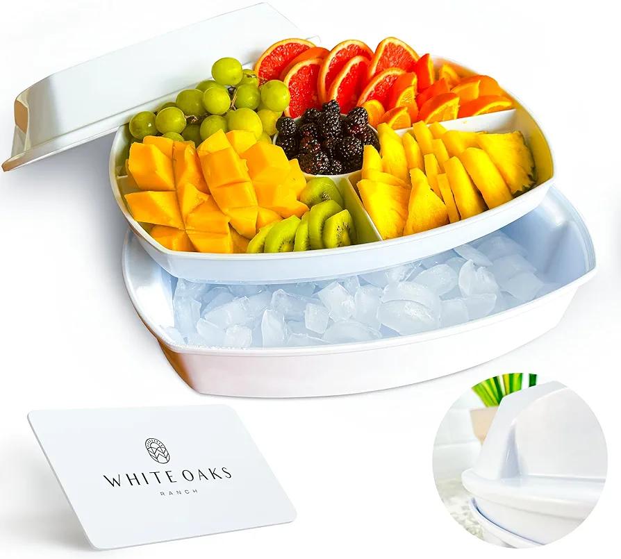 15" White-Colored Chilled Serving Tray - 3-Tier Ice Party Platter with 4 Compartments, Ice Tray & Lid, BPA-Free Melamine, Dishwasher & Freezer Safe for Fruits & Vegetables - Cutting Board Included