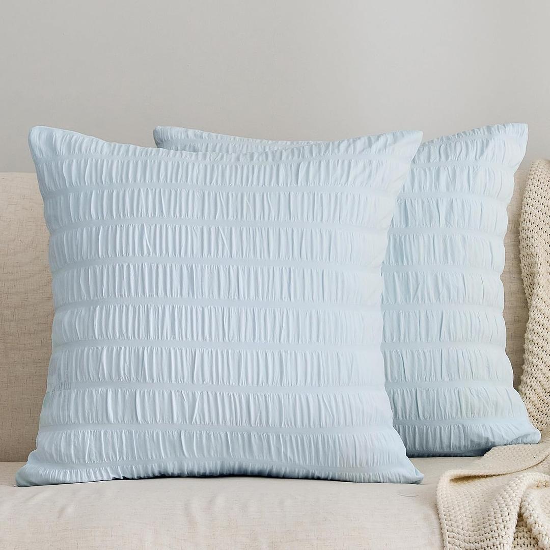 JELLYMONI Seersucker Throw Pillow Cover 18 x 18 inch, 2 Pack Textured Pillow Covers with Zipper Closure, Breathable Baby Blue Decorative Pillowcase for Stylish Bedding & Couch (Insert Not Included)