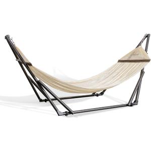 Best Home Fashion Hammock with Collapsible Steel Stand 450 lbs Capacity & Carrying Case, Portable & Adjustable, Perfect for Camping Beach Summer Patio, EZ Daze Foldable Hammock with Stand- Ivory