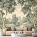 Serene Watercolor Forest River Landscape Wallpaper Peel and Stick, 157" x 110"