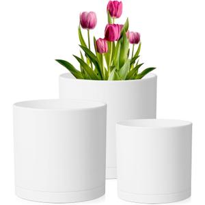 Meowell 12/10/8 inch Large Plant Pots, 3 Pack Deep Cylinder Flower Pots for Outdoor Indoor Plants, Tall Plastic Planters with Drainage Holes and Saucers for Garden House Plants, White