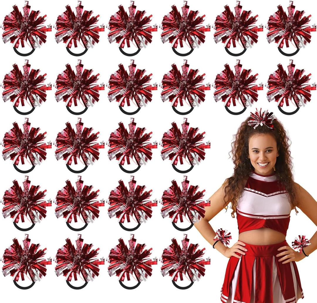 Shappy 2 Color Mini Pom Poms Hair Ropes for Football Cheerleading 4 Inch Ponytail Holder for Team Spirit Sports Dance Cheer (Red)