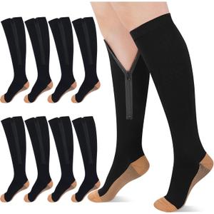 Tarpop 4 Pair Zipper Compression Socks Closed Toe 20-30 Mmhg Calf Knee High Compression Stocking for Men Women Swelling Edema (Large / X-Large, Yin-yang Pattern)