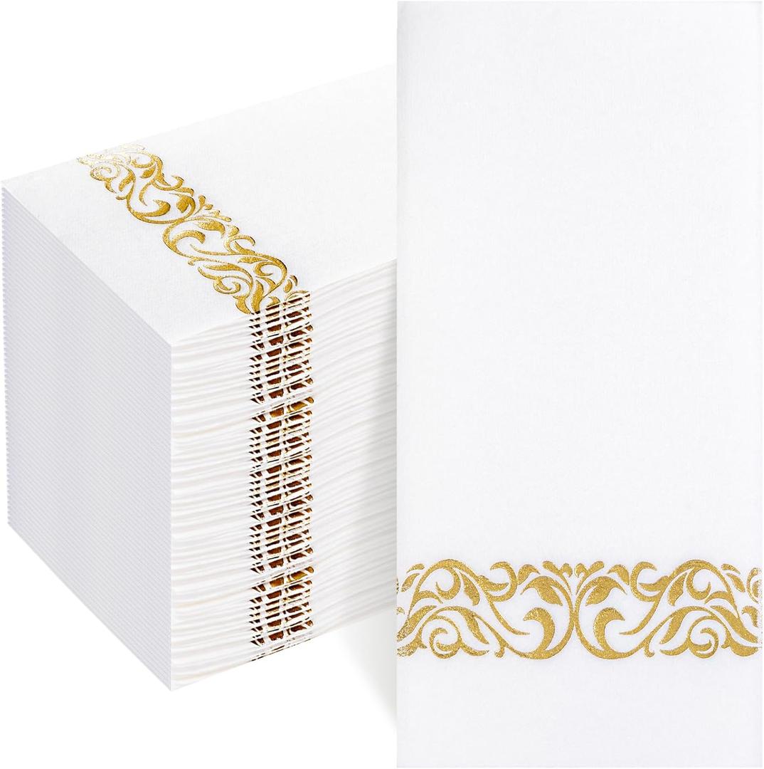 Joyido 50PCS Gold Napkins Disposable - White and Gold Paper Napkins - Cloth-Like Feel Dinner Paper - Elegant Heavy Duty Hand Towels for Bathroom Party Bridal Decorative Reception