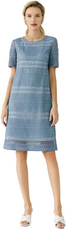 Women's Short-Sleeved Mid-Length Dress, Openwork Design Casual Elegant Dress for Women with Lace Trim Summer (Blue) XL