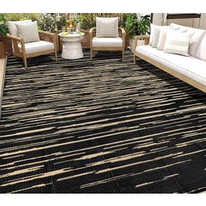 HEBE Outdoor Rug 9'x12' for Patios Clearance Waterproof Patio Mat Plastic Straw Rug Reversible RV Camping Tent Rug Outside Indoor Outdoor Area Rugs for RV,Deck,Beach,Balcony,Camper (Stripe/Black)