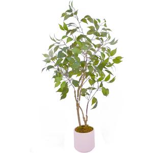 Artificial Fake Ficus Tree 4FT Tall 1Pack with String Lights & White Planter & Free Moss, Artificial Plants Indoor, Artificial Trees for Home Decor Indoor, Faux Ficus Tree
