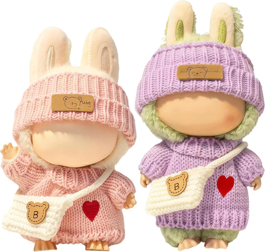2 x (2 Pack) Clothes for LABUBU 17cm Doll, 6-Piece Handcrafted Crochet Accessories for LABUBU, Premium Outfits for LABUBU Unique Dress up - Heart Sweater + Hat + Bag (Pink & Purple)