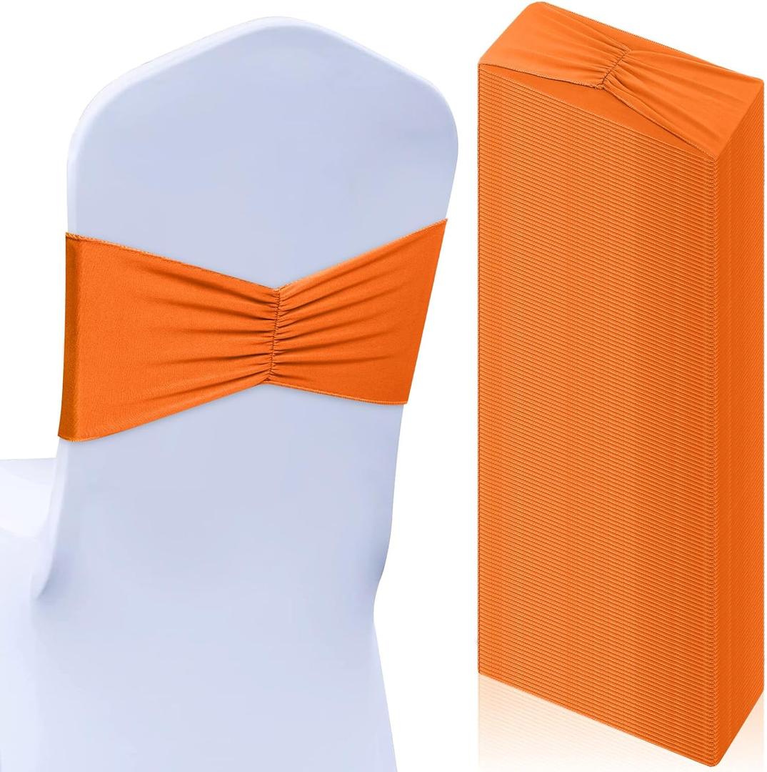 Moukeren 50 Pcs Spandex Chair Sashes Bows Stretch Chair Bands Slider Sashes Elastic Ties Ribbon Covers for Wedding Party Events Ceremony Birthday Banquet Decorations(Orange)