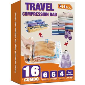 Travel Essentials Compression Bags, 12 Clothes Bags and 4 Shoe Bags for Cruise Luggage Accessories (16-Travel)