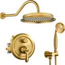 Brushed-Gold Shower Faucets-Sets Complete: Antique Rain Shower System in Wall, 9 inch Rainfall Head and Handheld Spray, Pressure Balance Brass Valve with Trim Kit