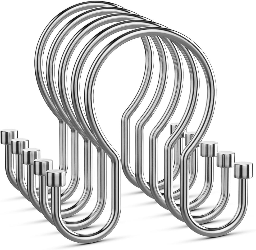Goowin Shower Curtain Hooks, Simple Shower Curtain Rings, Sturdy Shower Curtain Hangers, Double Hook Shower Curtain Hooks, Smooth Gliding Metal Shower Hooks for Shower Curtain (Chrome, 12 Pack)