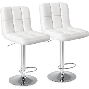 DUMOS Bar Stools Set of 2, Armless Adjustable Swivel Barstools, PU Leather Hydraulic Kitchen Counter Height Bar Stools, Thickened Seat Cushion Square Island Barstools with Back, White