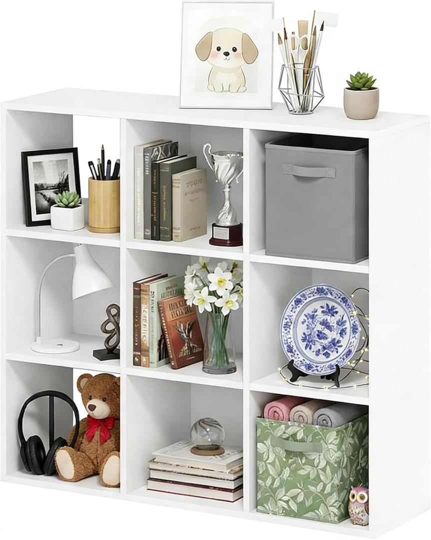 9-Cube Storage Organizer, White Bookshelf with Open Compartments for Home Office, Modern Bookcase Display Shelf for Living Room, Bedroom & Entryway