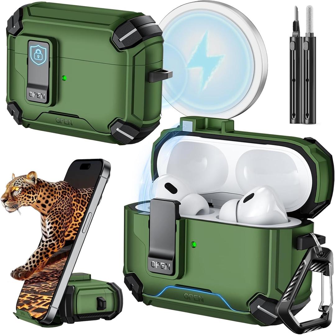 Inesore Compatible with AirPods Pro 2nd/1st Generation Case Cover with Phone Stand & Cleaning Kit,Compatible with Magsafe,Magnetic Automatic Lock for iPod Pro Charging Case(USB-C/Lightning Cable), Dark Green 