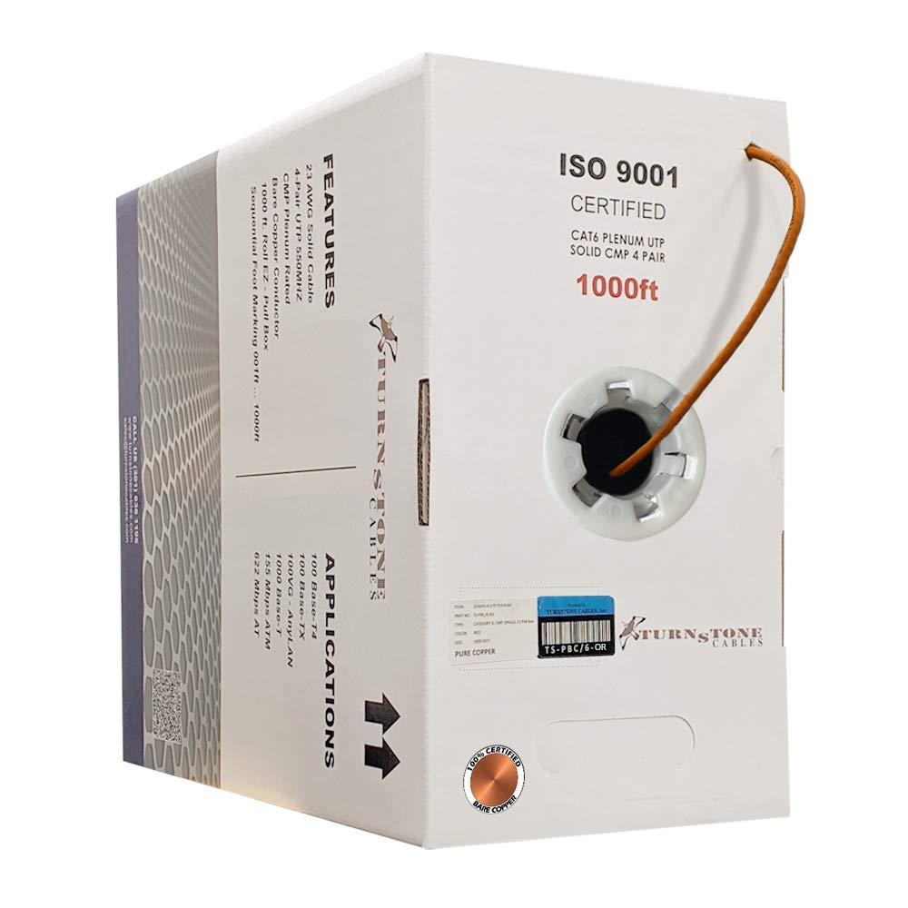 TSCables | Cat6 Plenum (CMP) 1000ft Cable, 23AWG | 100% Solid Bare Copper | 550MHz, PoE++ (4PPoE) | Unshielded Twisted Pair (UTP) Bulk Ethernet Cable, (Orange, 1000ft)