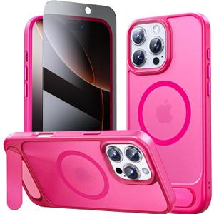 JJL Magnetic for iPhone 16 Pro Max Case, [Built-in Invisible Kickstand] [Compatible with MagSafe] Slim Translucent Matte Phone Cover, Hot Pink