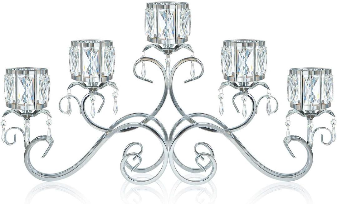 Silver 5 Arms 26.8 Inches Wide Crystal Pendant Bowl Tea Light Candle Holder, Large Bling Centerpiece Table Decorations, Metal Votive Candle Holders for Dining Table (Silver, Cup-Shaped)