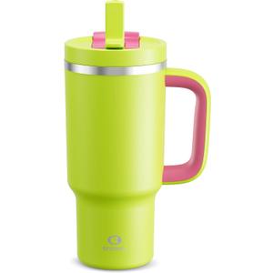 32 oz Tumbler with Handle and Straw: Stainless Steel Insulated Tumbler Keeps Cold for 24 Hours, Leakproof Travel Cup Fits in Cup Holder and BPA-Free,Acid Green